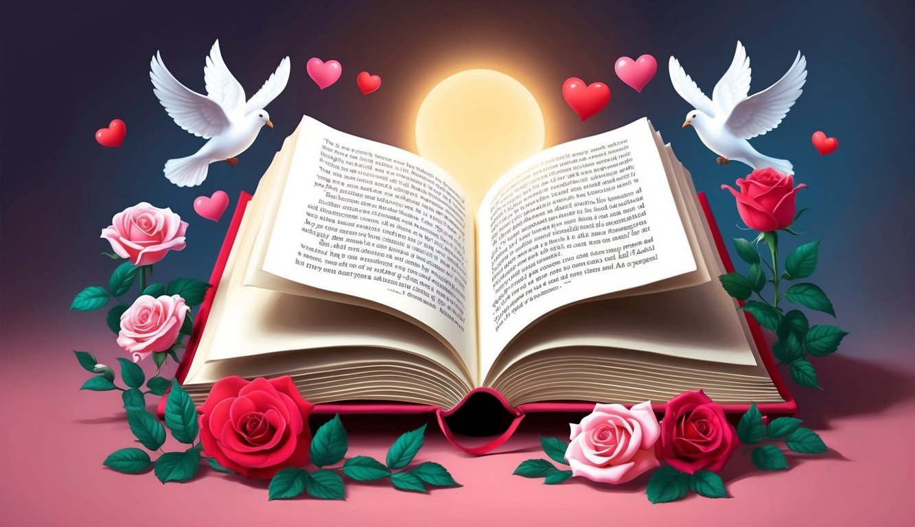 A heart-shaped book open to verses, surrounded by symbols of love: roses, doves, and a glowing light