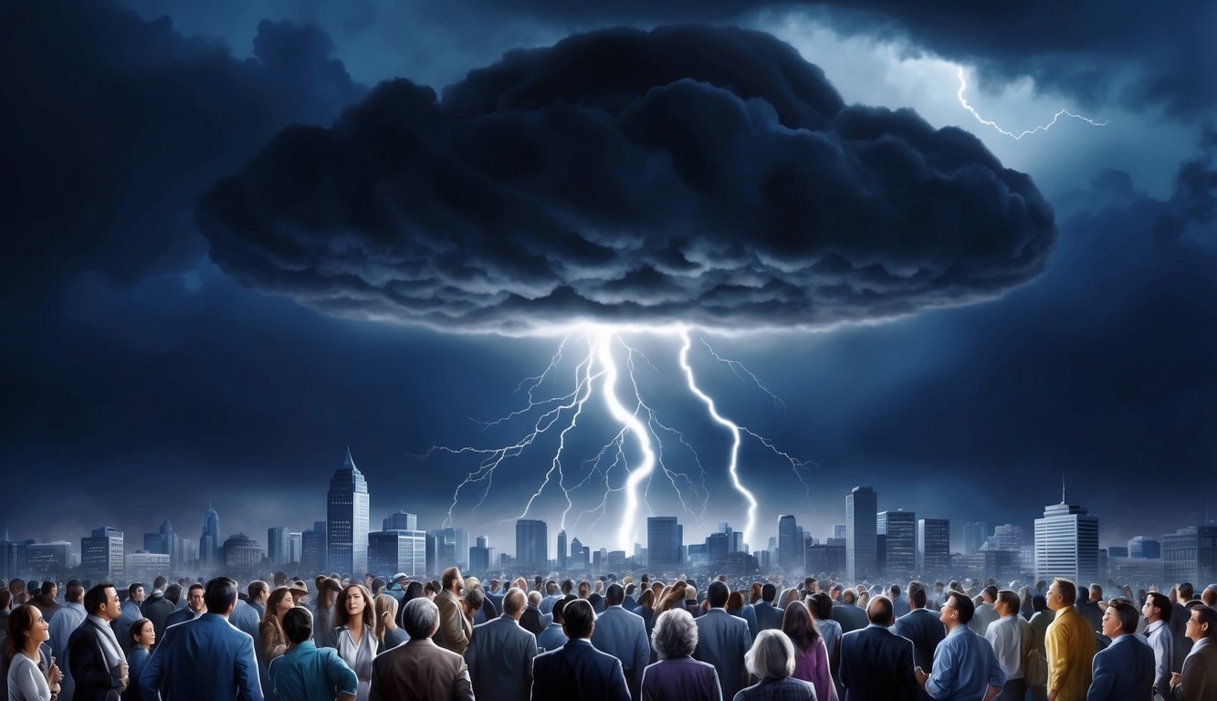 A dark storm cloud looms over a bustling city, casting an ominous shadow.</p><p>Lightning strikes as people look up in fear and confusion