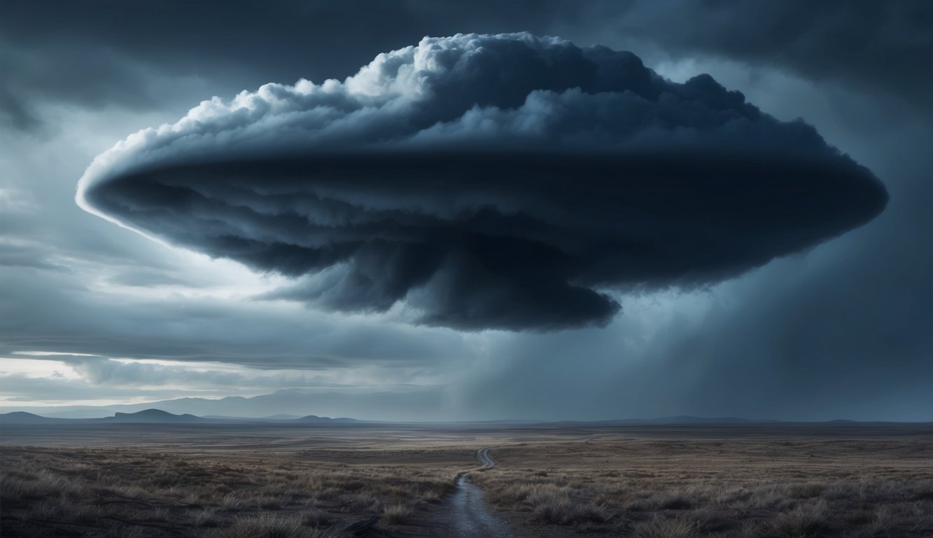 A dark storm cloud hovering over a desolate landscape, with a sense of dread and unease in the air