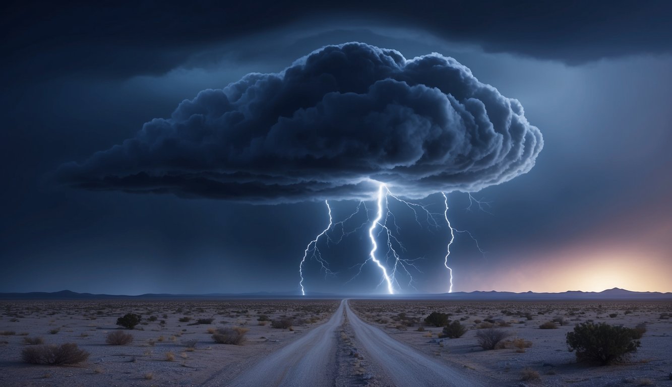 A dark storm cloud looms over a deserted landscape, crackling with lightning and casting an eerie glow on the horizon