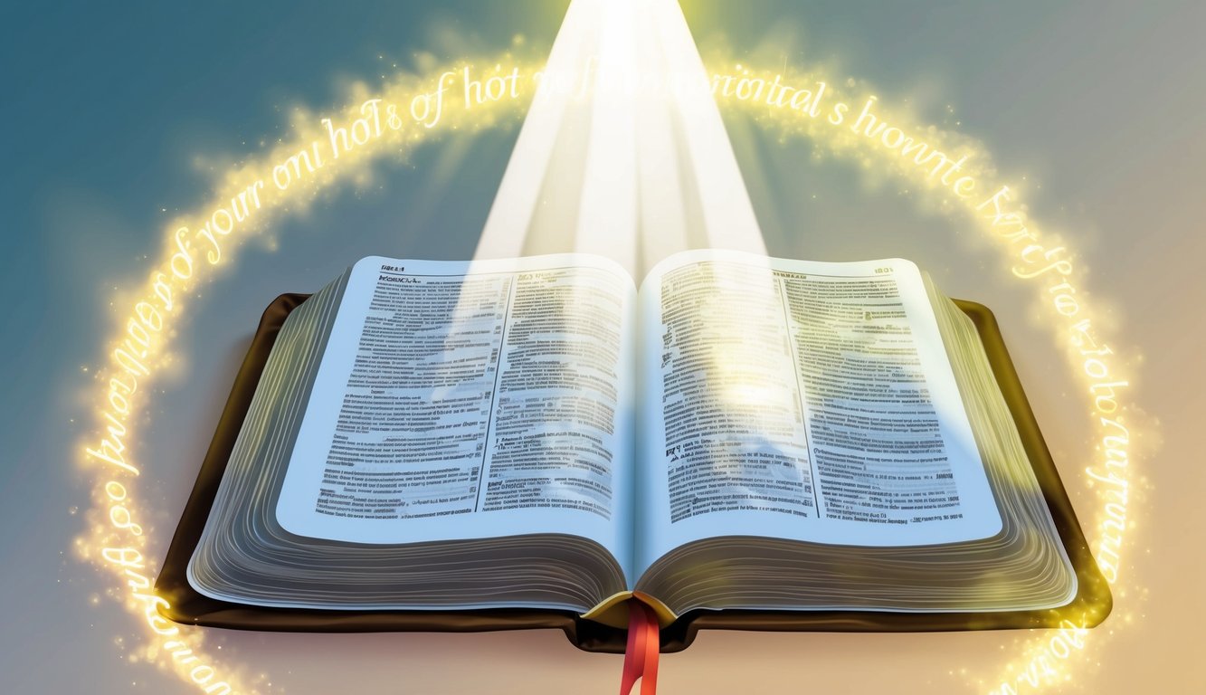 A beam of light shining on an open Bible, surrounded by a halo of glowing, ethereal words