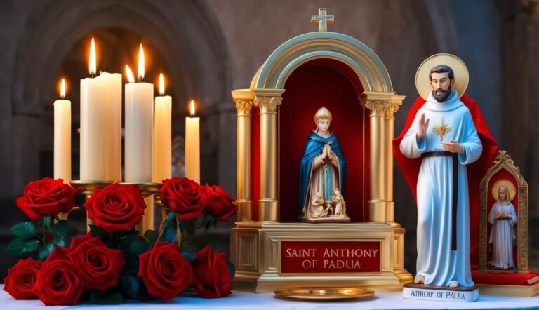 Statues of Saint Anthony, candles, roses, and a religious shrine