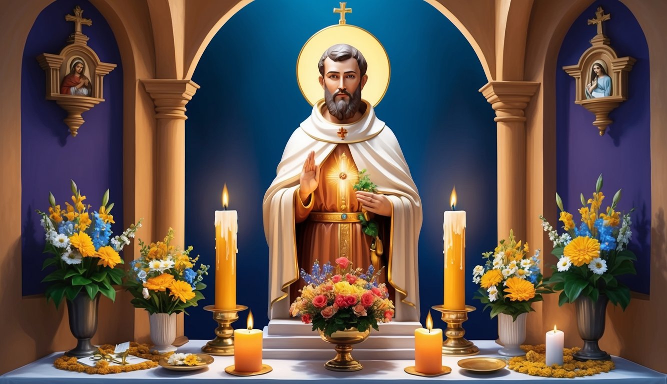 A candlelit shrine with a statue of Saint Anthony surrounded by offerings of flowers and prayers