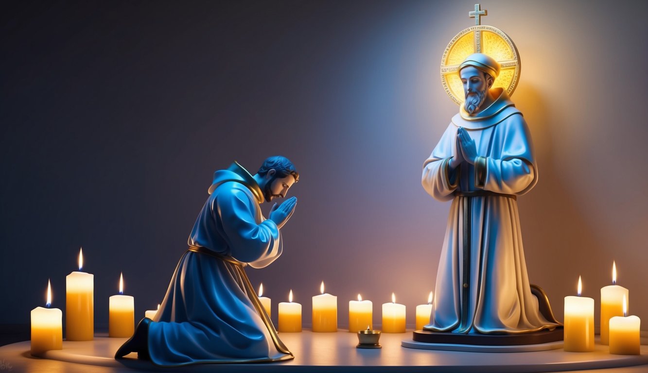 A figure kneeling in prayer before an illuminated statue of Saint Anthony of Padua, surrounded by flickering candles and a sense of reverence