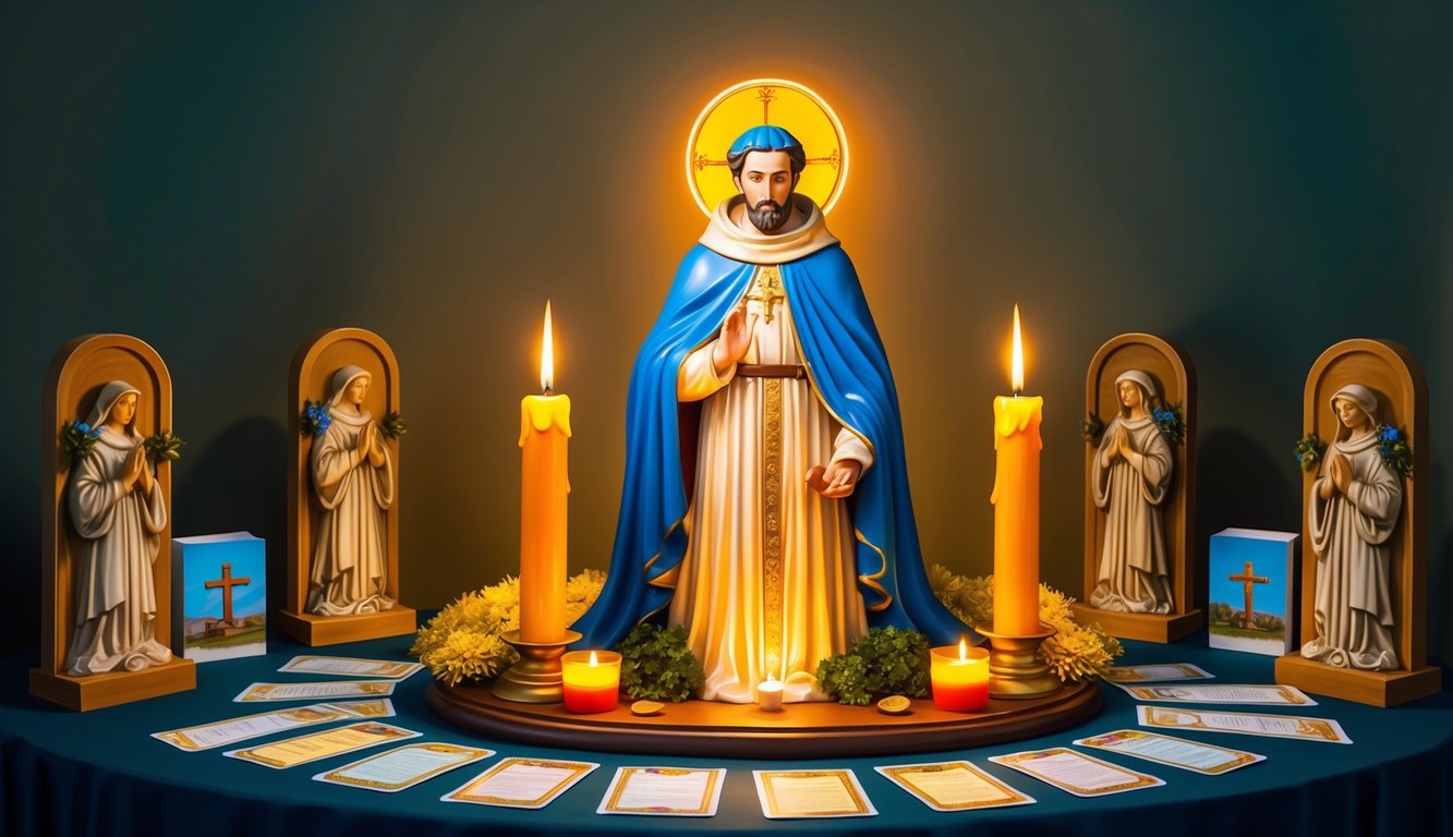 A glowing candle illuminates a statue of Saint Anthony of Padua surrounded by offerings and prayer cards