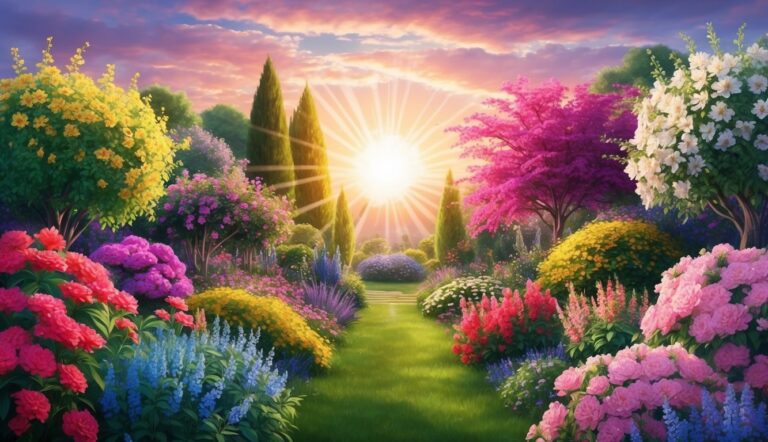 Vibrant garden path with colorful flowers, trees, and a bright sunburst sky
