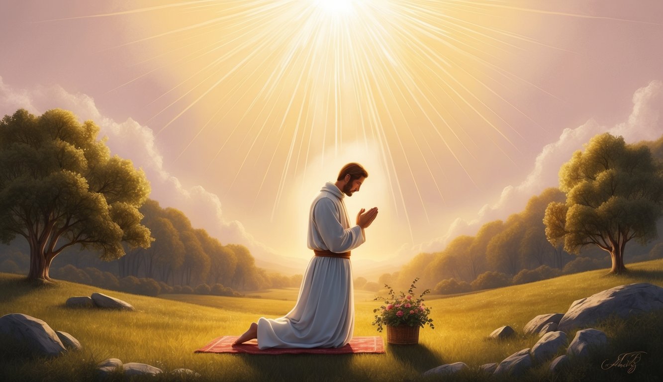 A serene landscape with a figure kneeling in prayer, surrounded by a warm, golden light emanating from above