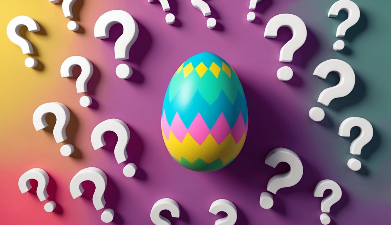 A colorful Easter egg surrounded by question marks