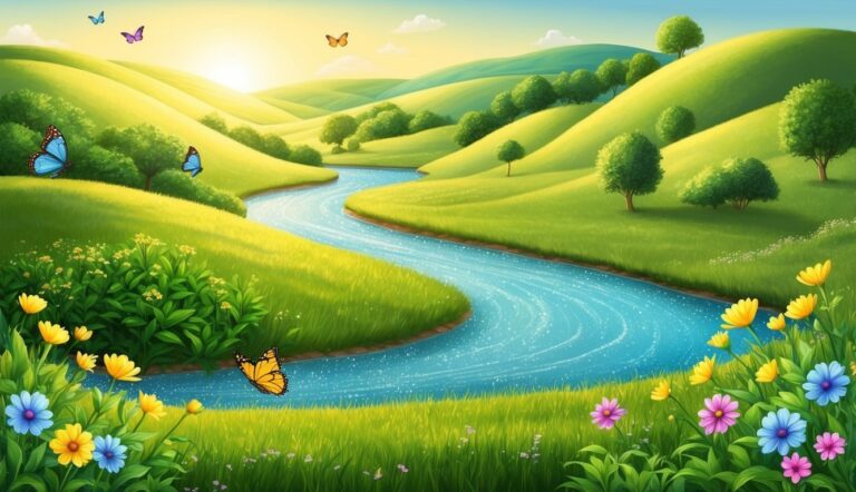 Scenic illustration of a river winding through green hills with butterflies and flowers