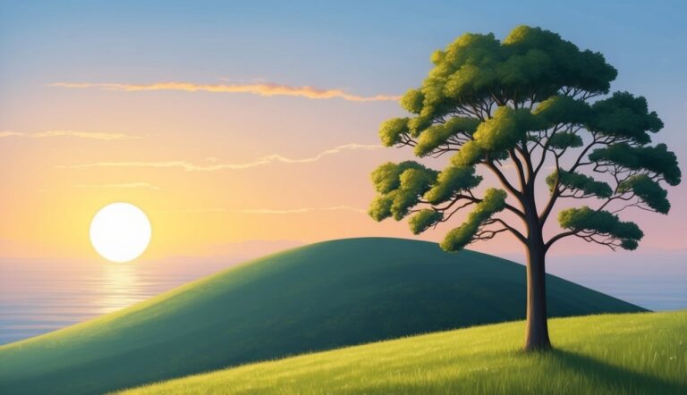 Tree on a grassy hill with a sunset over the ocean
