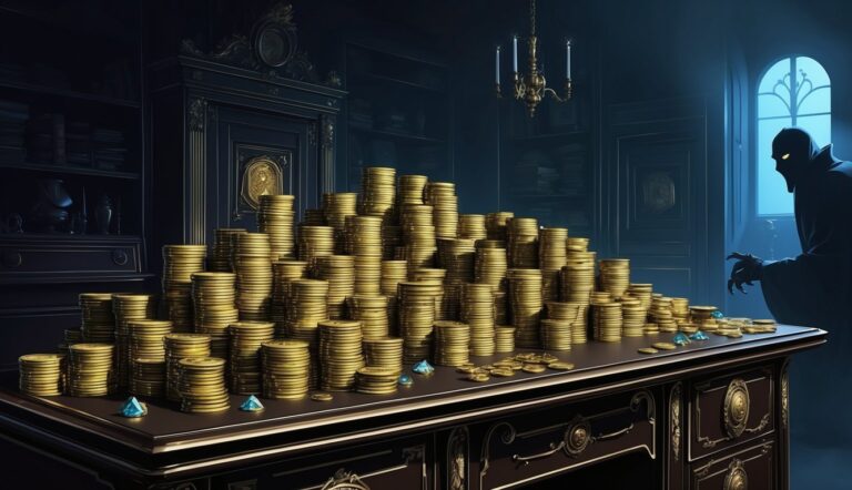 Large pile of gold coins on a desk with a shadowy figure