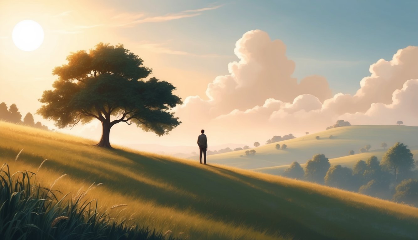 A serene landscape with a solitary figure on a hill, surrounded by nature and bathed in soft, golden light