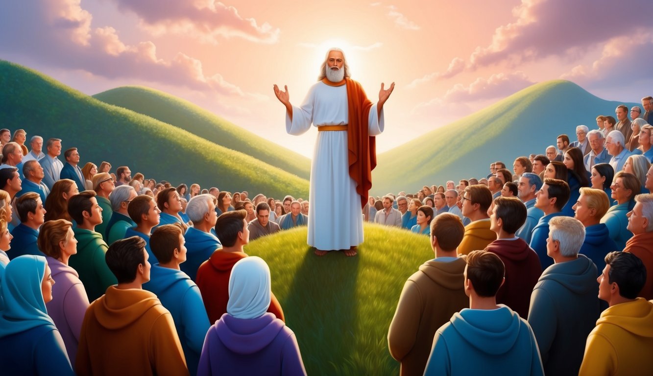 A serene figure standing on a hill, surrounded by a crowd of people, speaking with authority and wisdom