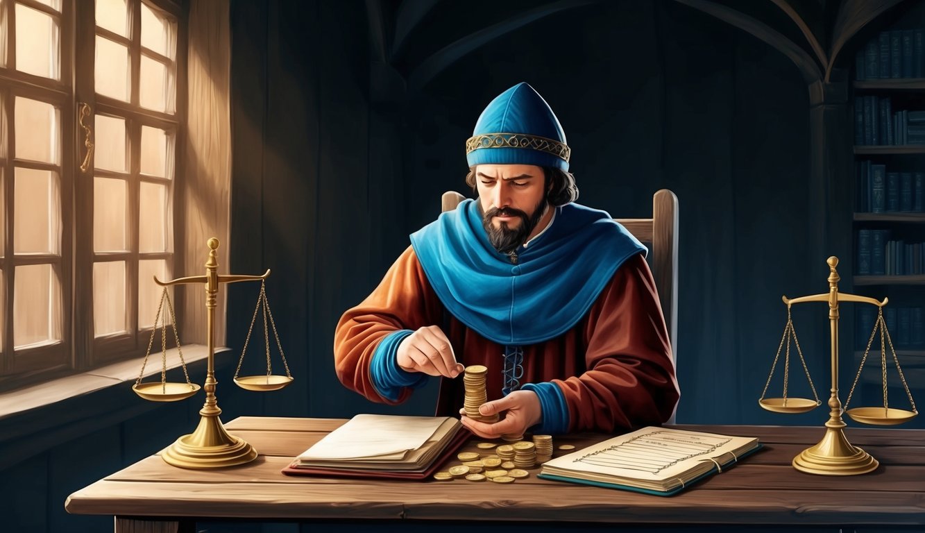 A medieval moneylender counting coins at a wooden table in a dimly lit room, with a ledger and scales nearby