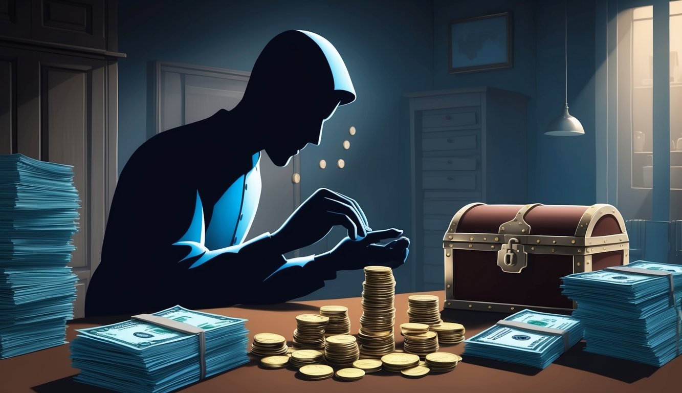 A shadowy figure counting coins in a dimly lit room, surrounded by stacks of unpaid bills and a heavy, locked chest