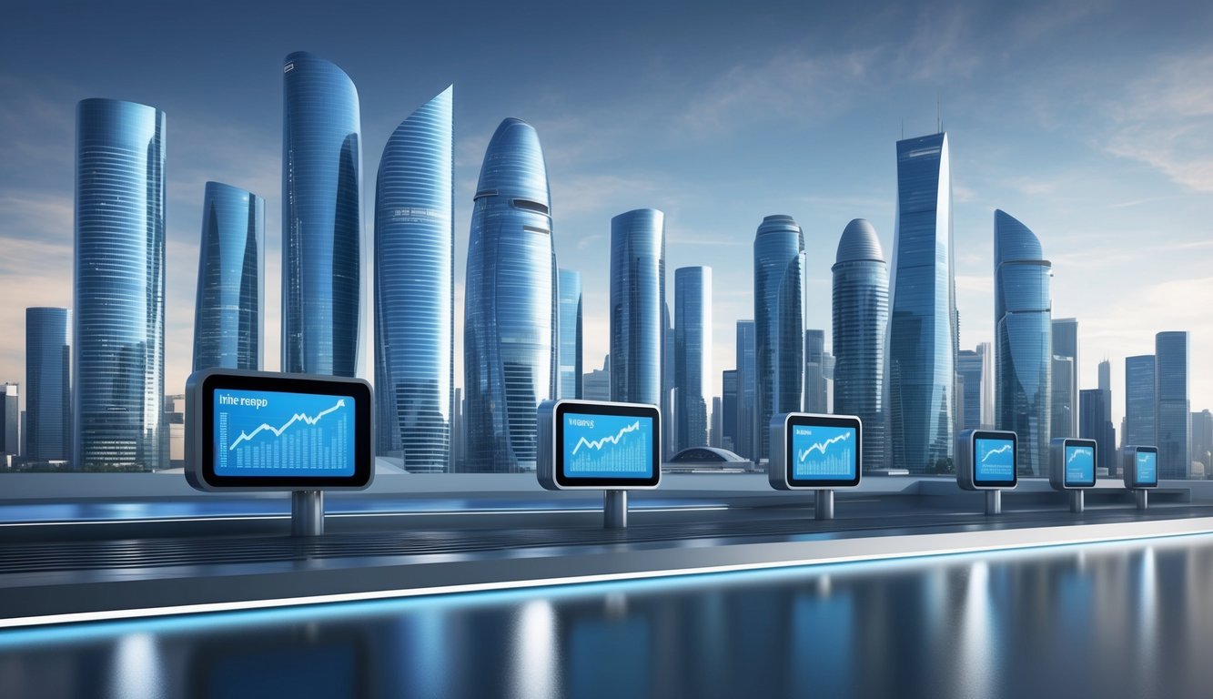 A sleek, futuristic cityscape with towering skyscrapers and digital screens displaying fluctuating interest rates