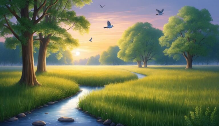 Scenic landscape with a stream, trees, birds, and a bright sunset