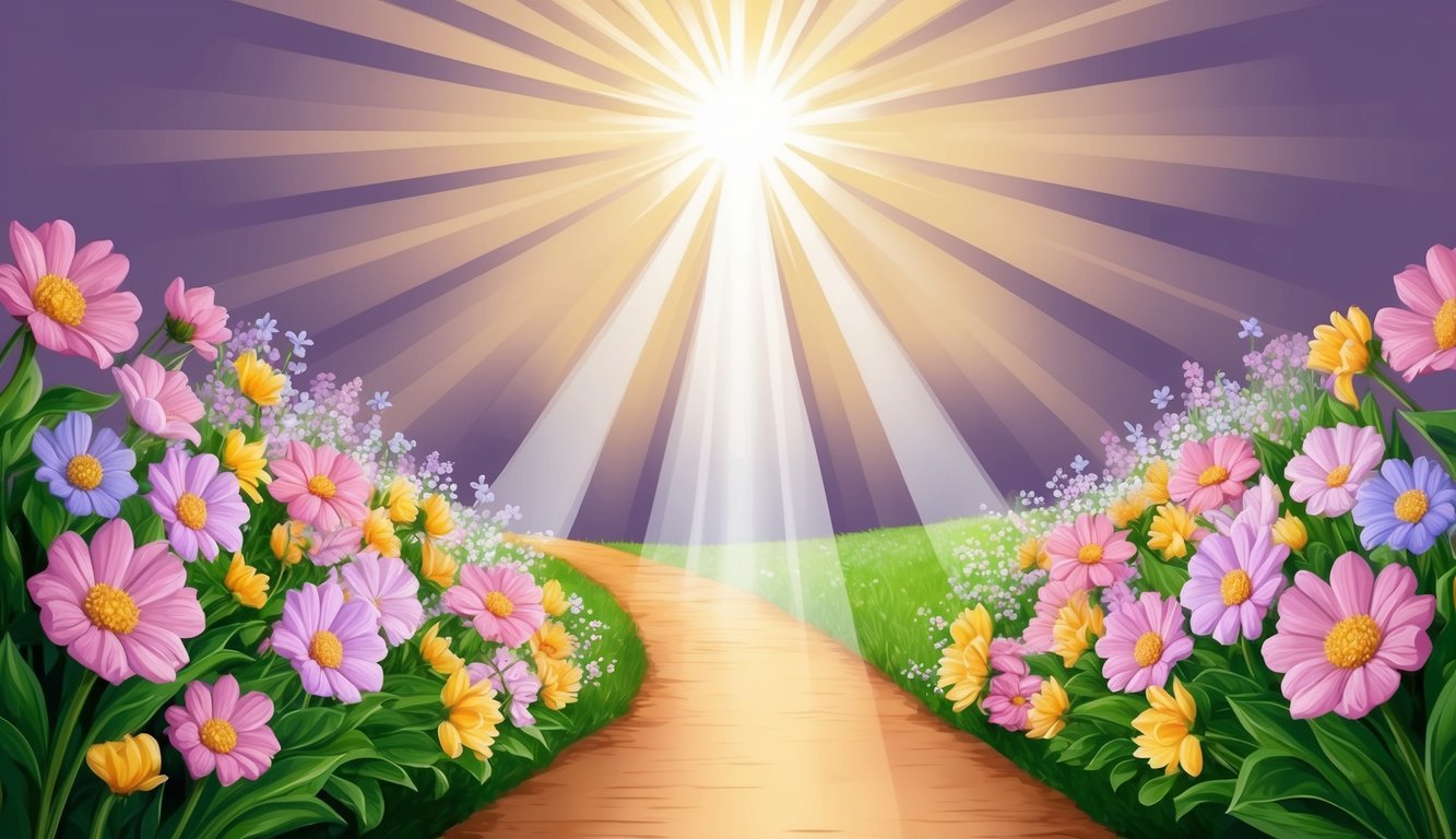 A radiant light shining down on a path surrounded by blooming flowers, symbolizing salvation in the Christian life