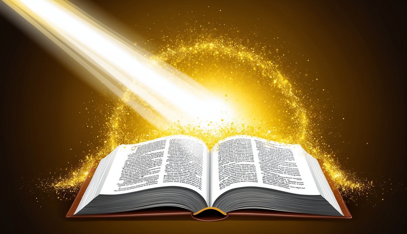 A beam of light shines down on an open book surrounded by glowing, golden particles, symbolizing divine guidance and wisdom