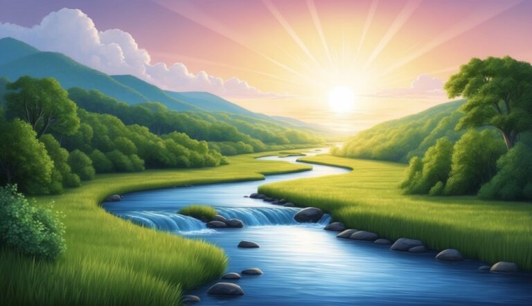 Scenic landscape with a winding river, green hills, and a bright sunrise