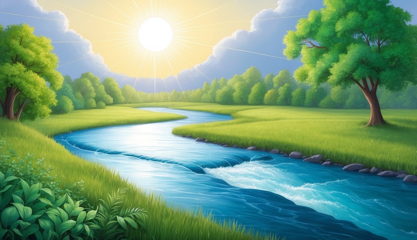 A serene landscape with a flowing river, lush greenery, and a radiant sun shining down, evoking a sense of peace and spiritual connection