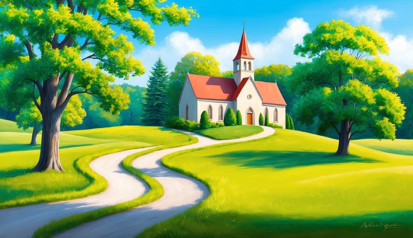 A serene countryside landscape with a winding path leading to a quaint church nestled among lush green trees and a bright blue sky above