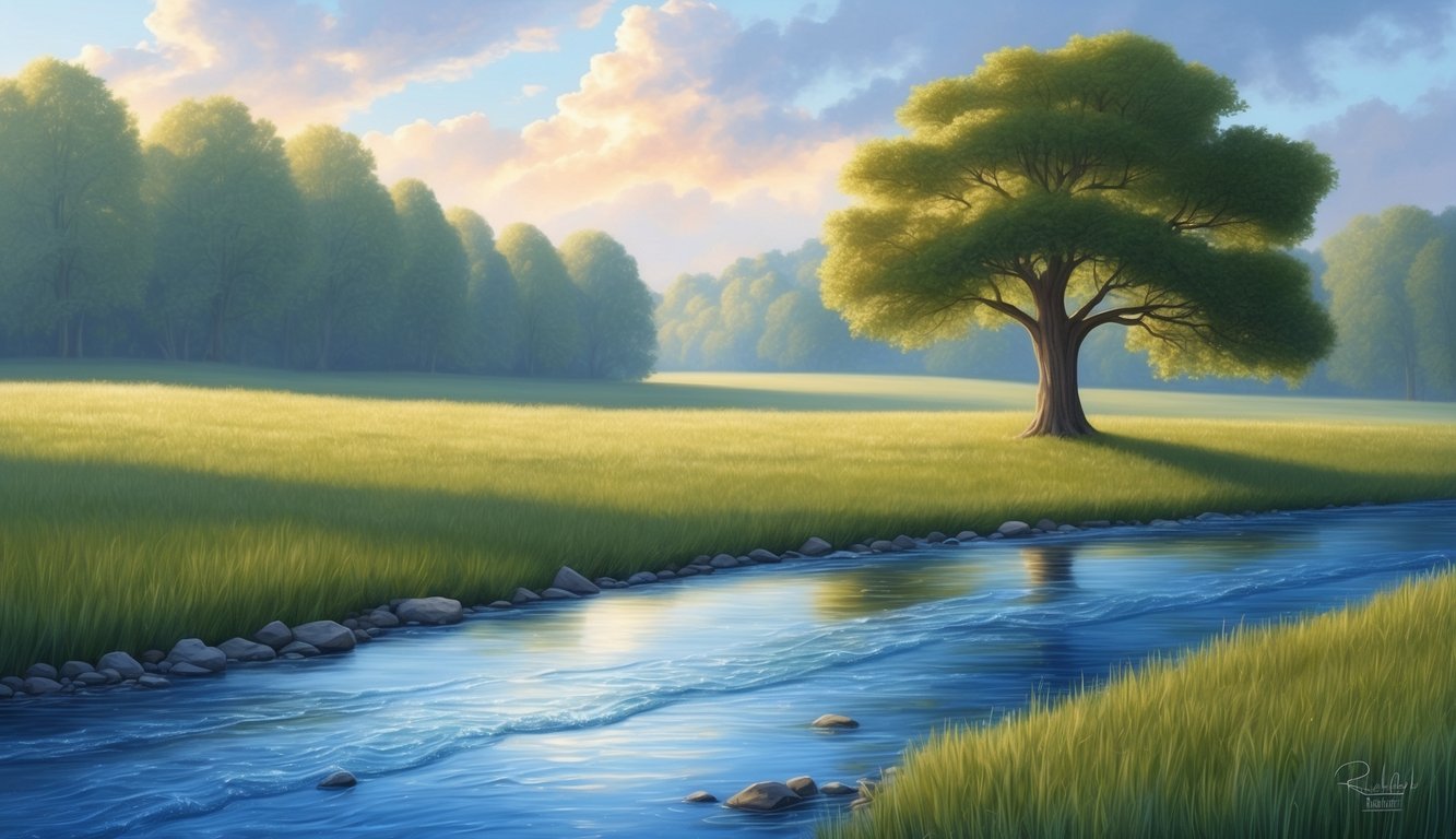 A serene landscape with a flowing river and a lone tree, symbolizing repentance and renewal