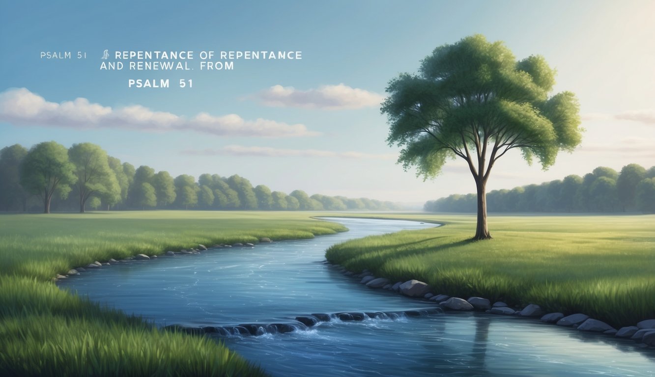 A serene landscape with a flowing river, a lone tree, and a clear sky reflecting the themes of repentance and renewal from Psalm 51