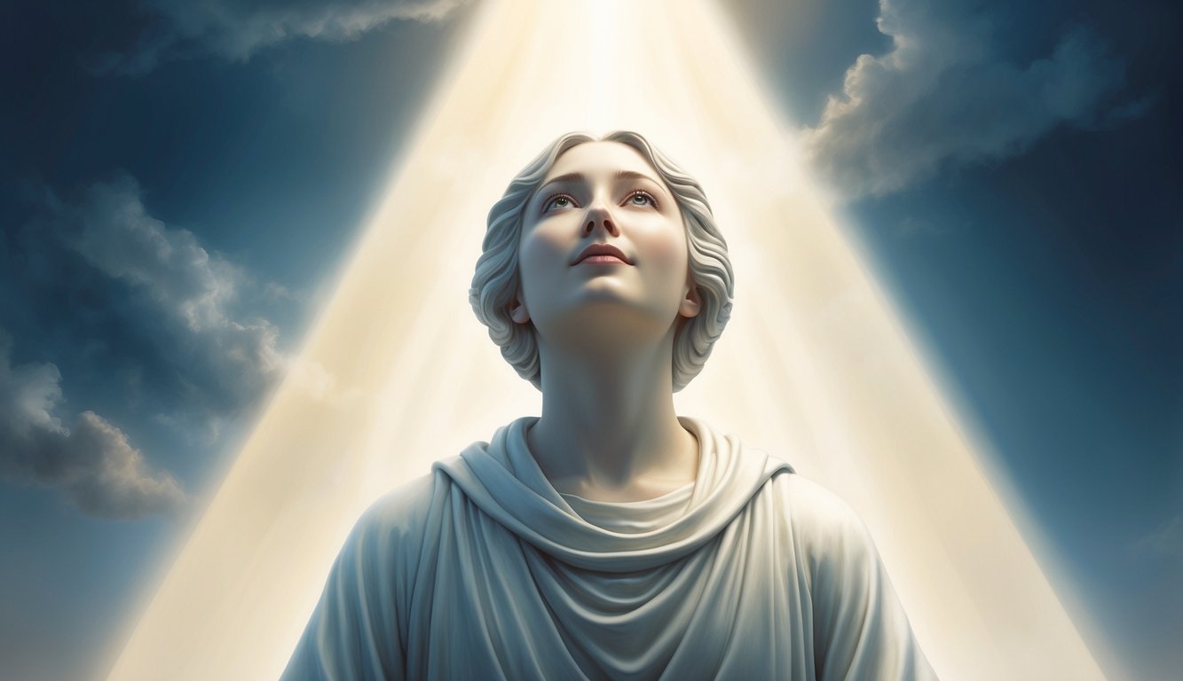 A serene figure surrounded by a beam of light, looking upward with an expression of hope and longing