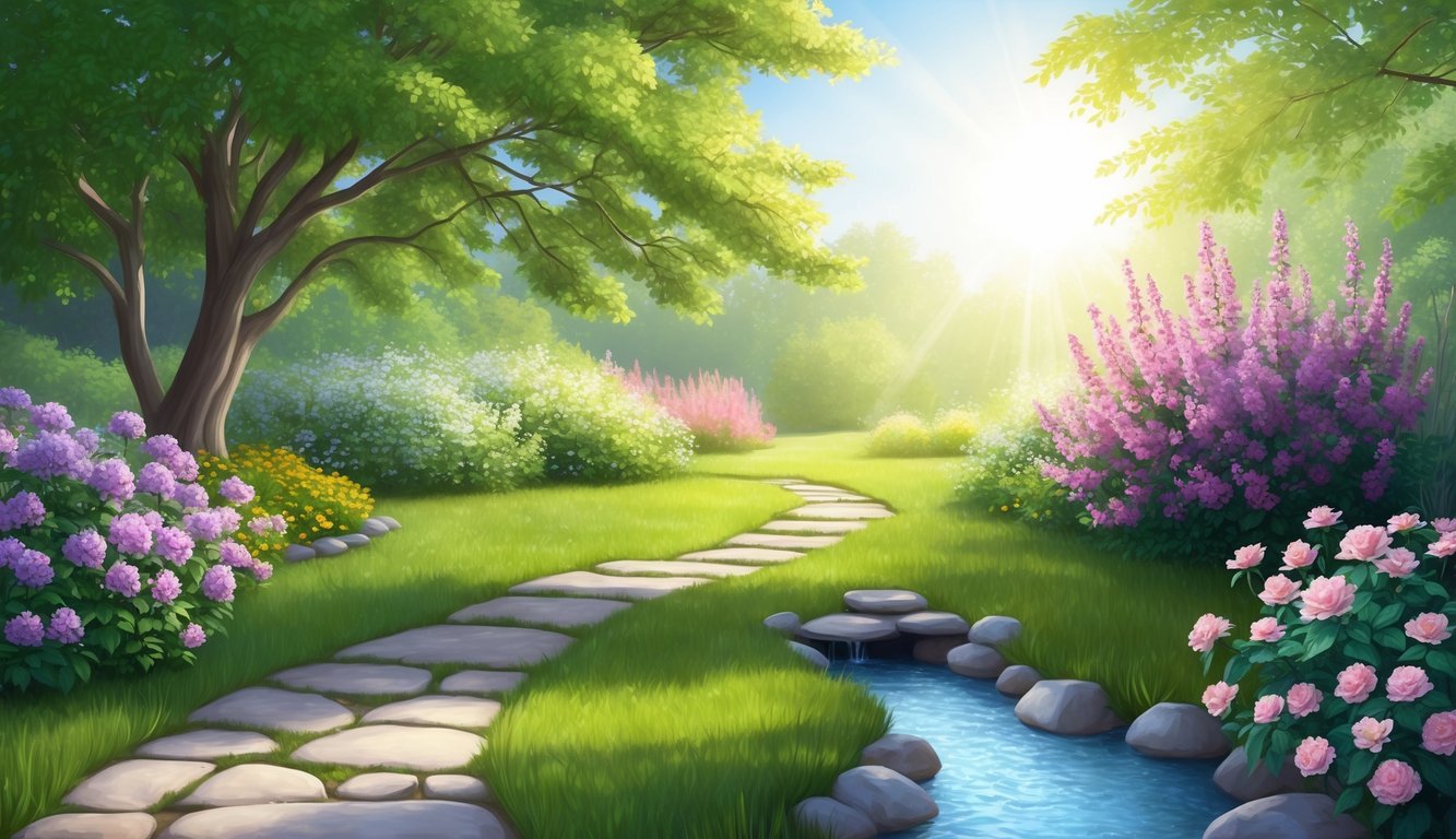 A serene garden with a stone path leading to a peaceful, sunlit clearing, surrounded by blooming flowers and a gentle, flowing stream