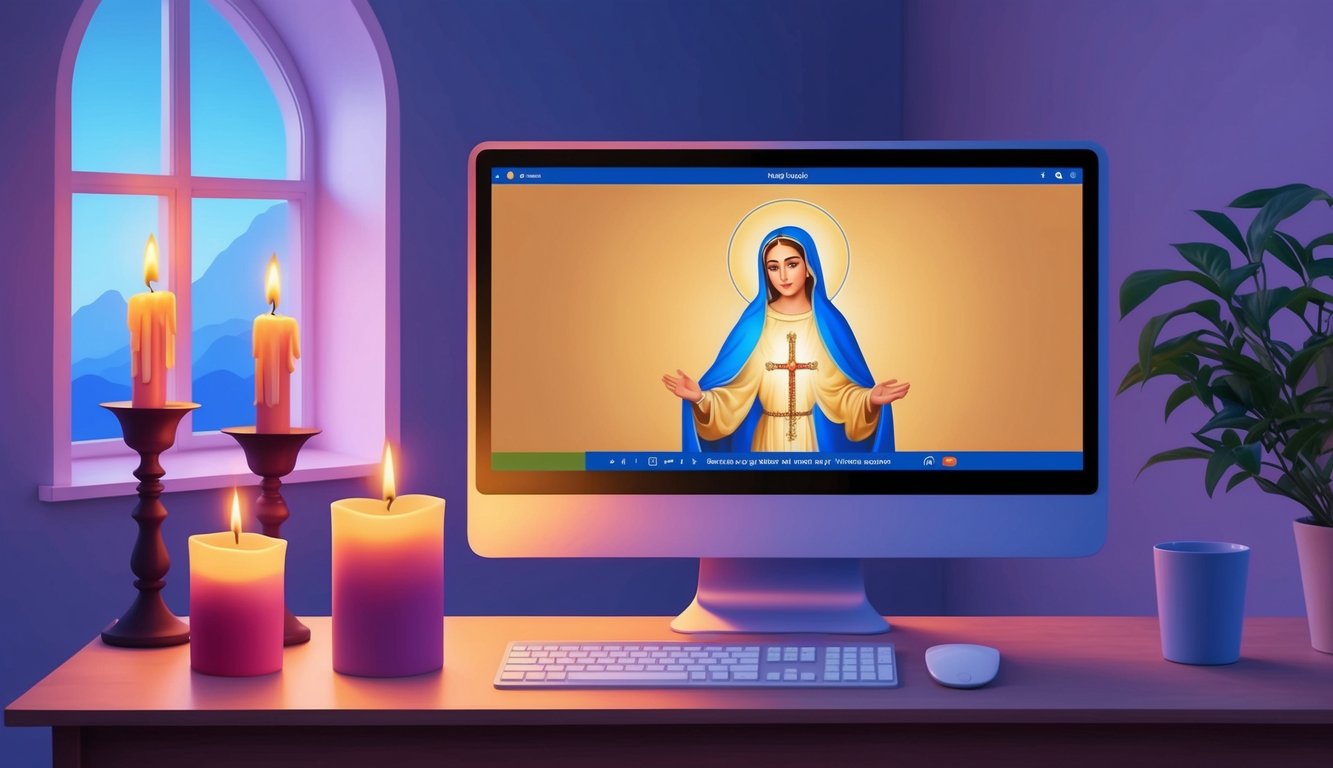 A peaceful, candlelit room with a computer screen displaying a virtual rosary session