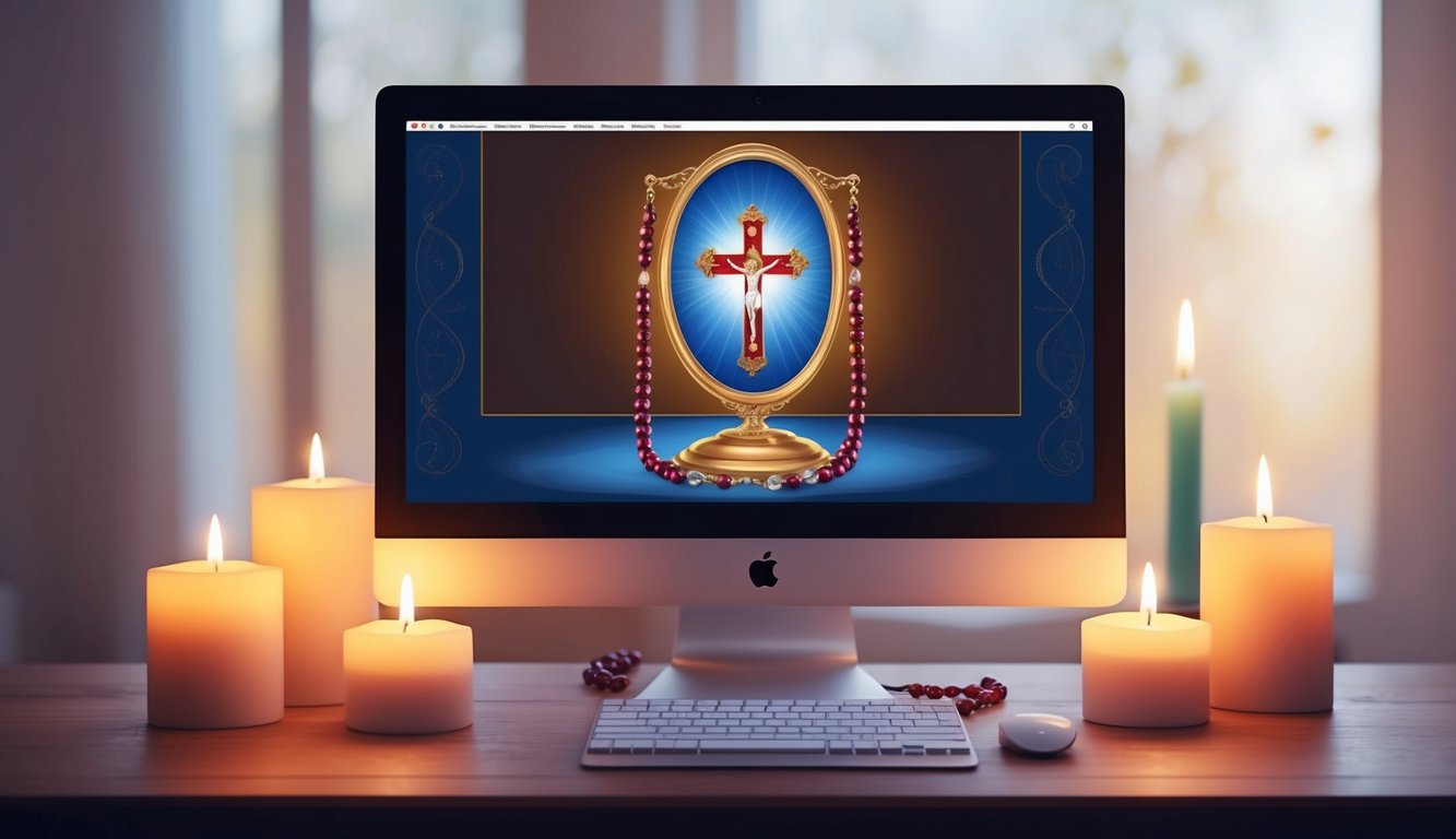 A computer screen with a virtual rosary displayed, surrounded by soft candlelight and a peaceful atmosphere