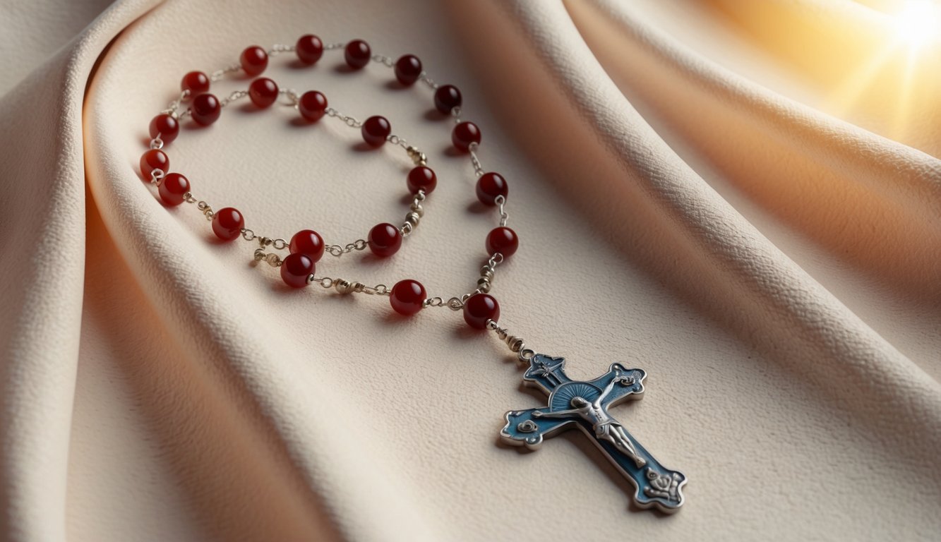 A serene scene with a rosary laid out on a soft, textured surface, surrounded by a warm, gentle light