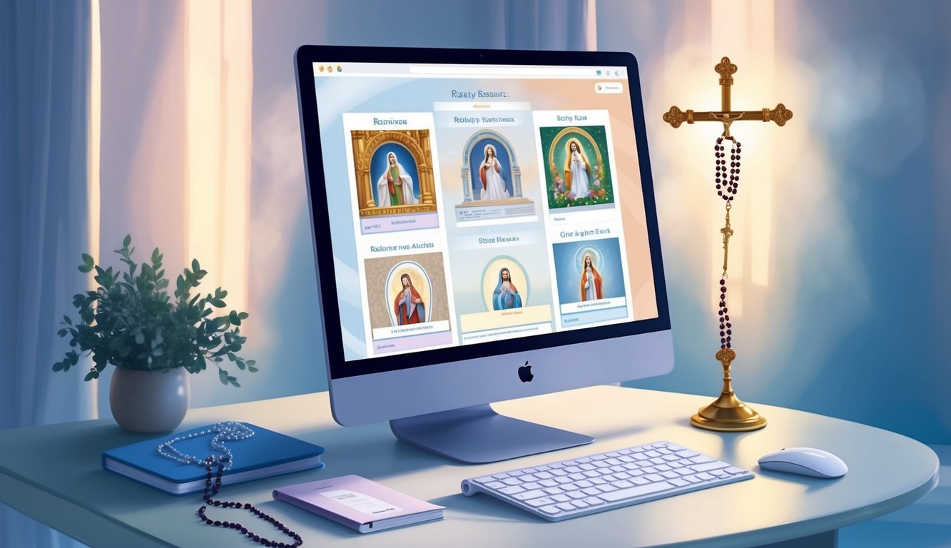 A computer screen displaying various rosary resources, surrounded by a peaceful and serene atmosphere with soft lighting and a sense of tranquility