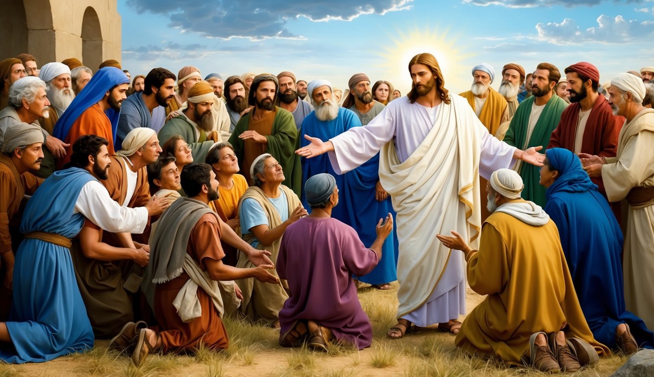 A crowd gathers around Jesus, who is surrounded by those in need.</p><p>He extends his arms in compassion, bringing healing to the afflicted