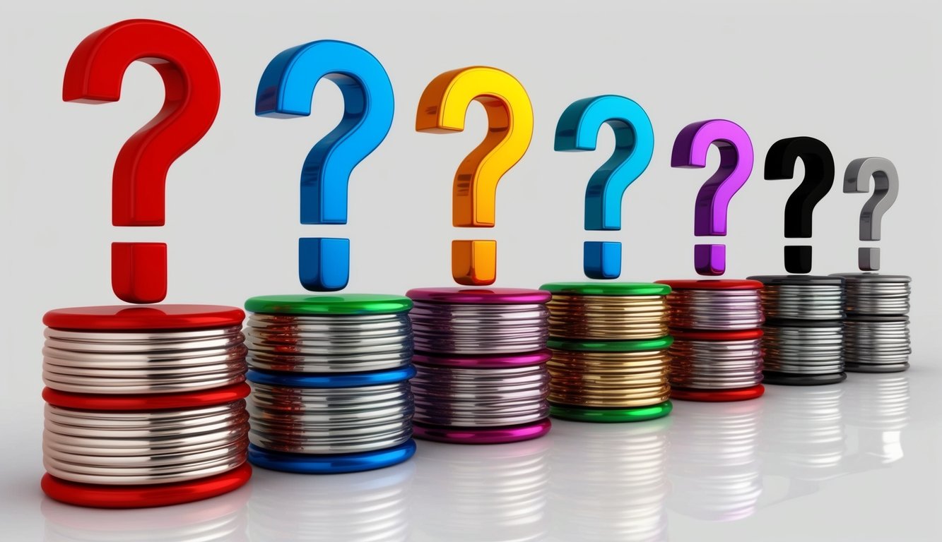 A stack of ten question marks in various sizes and styles arranged in a row