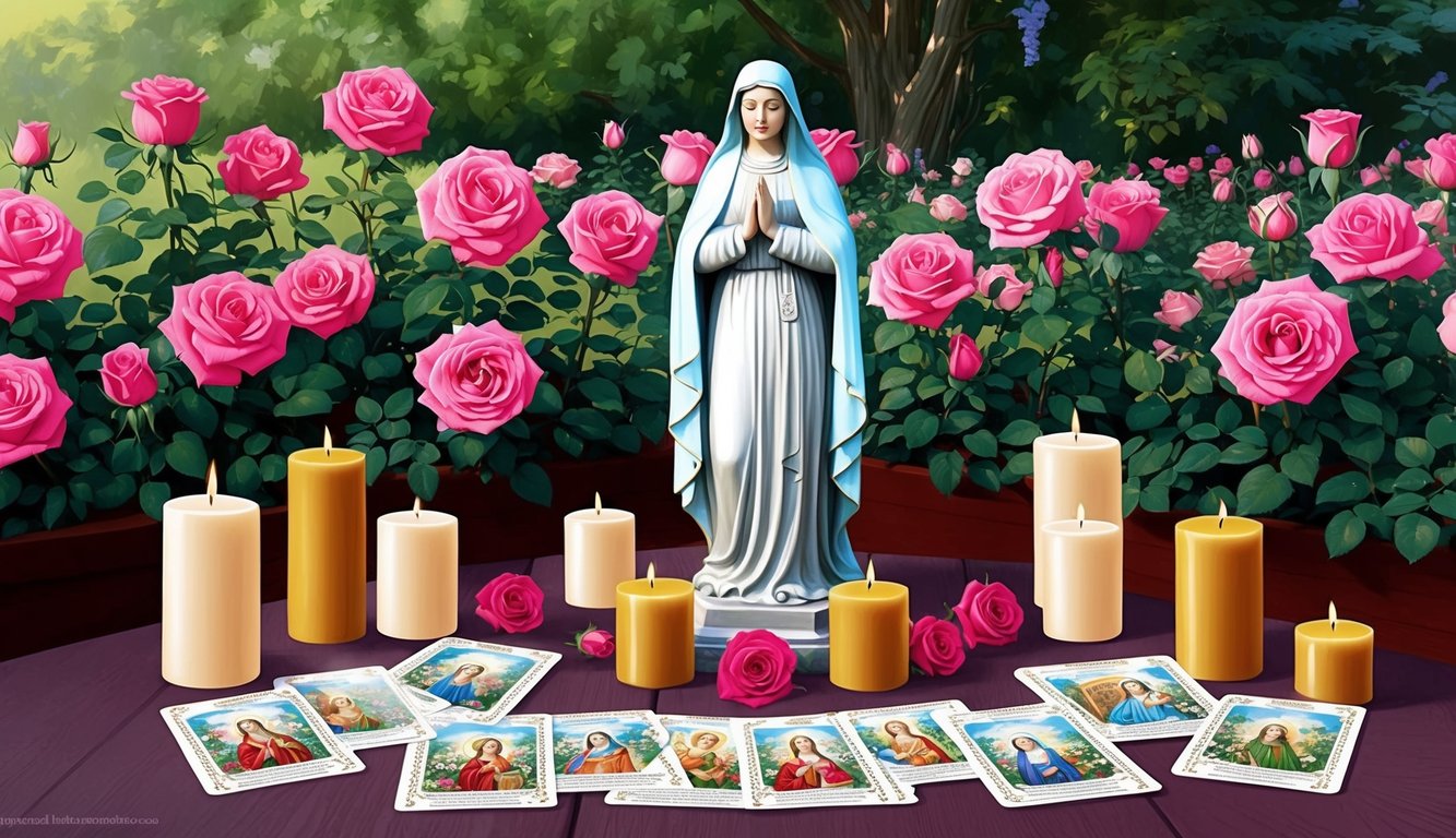 A garden of roses in full bloom, with a statue of St. Thérèse surrounded by candles and prayer cards