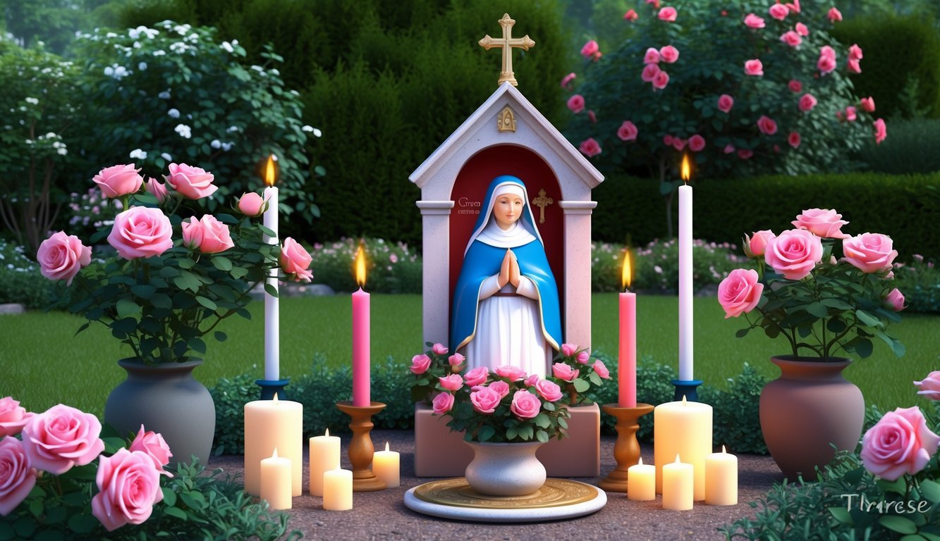 A serene garden with a small shrine to Saint Therese, surrounded by blooming roses and candles