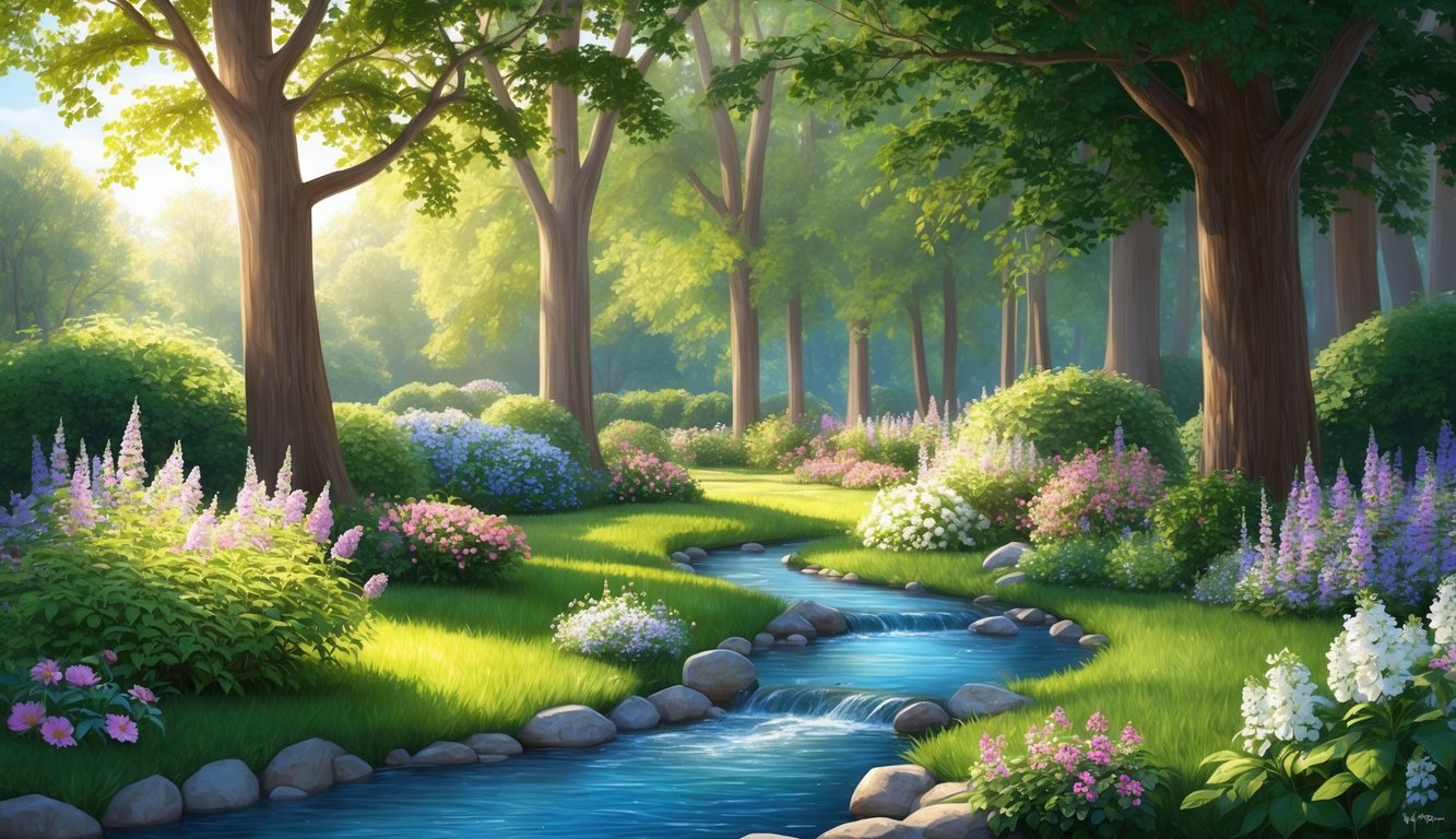 A serene garden with a flowing stream, surrounded by blooming flowers and tall trees casting dappled sunlight