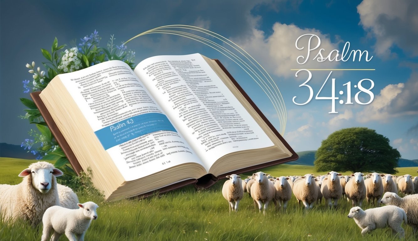 A serene, open book with Psalm 34:18 highlighted, surrounded by comforting imagery of a shepherd and his flock in a peaceful meadow