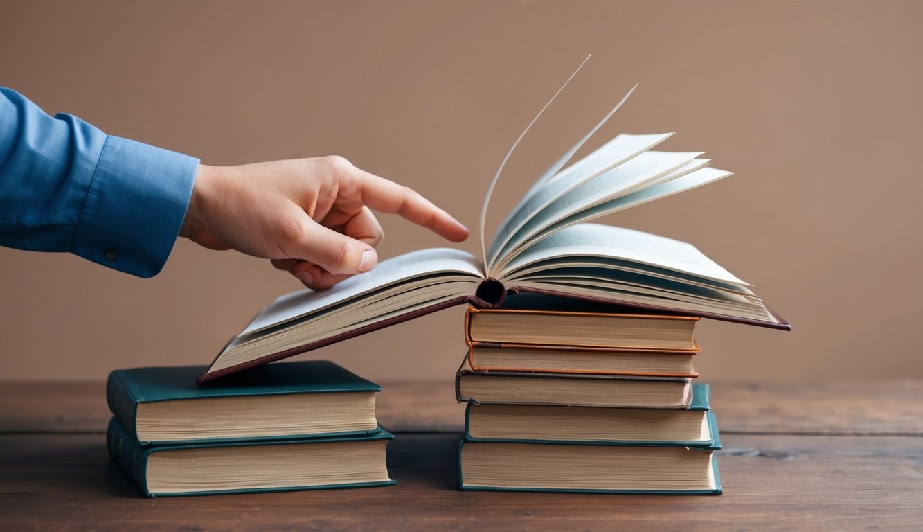 A stack of open books with a person's hand pointing to a page