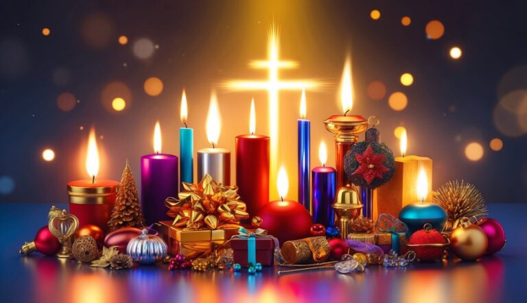 Lit candles, gifts, and ornaments with a glowing cross in the background