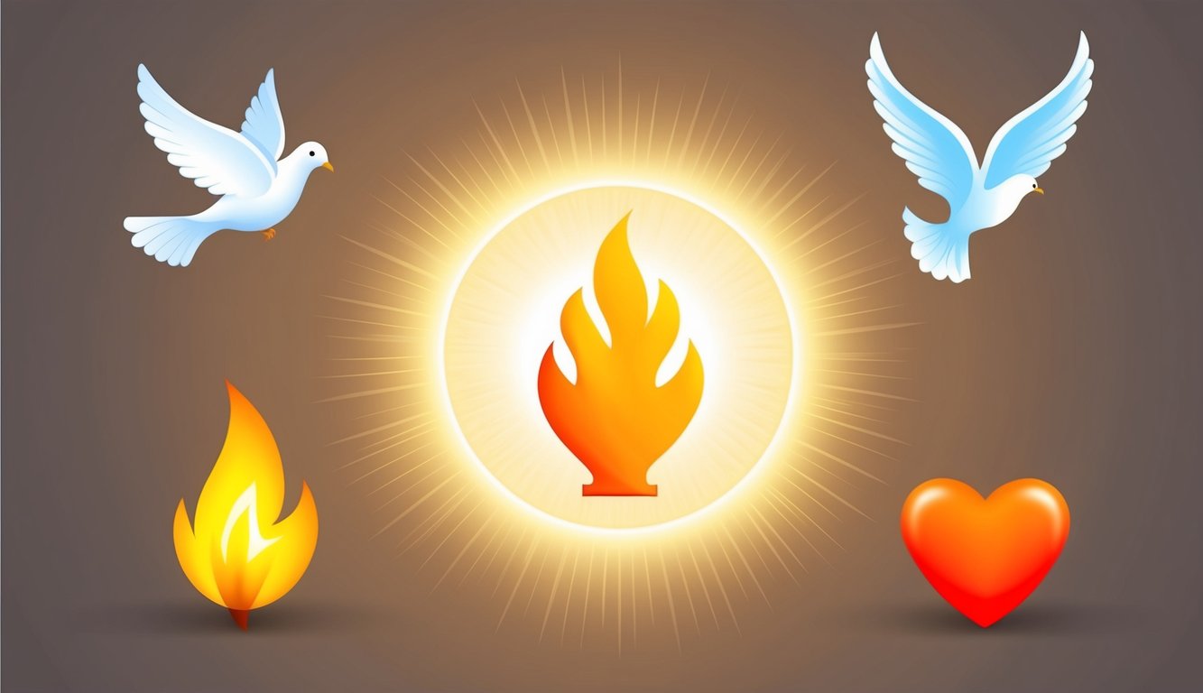 A glowing halo of light surrounds various symbols representing spiritual gifts, such as a dove, a flame, and a heart