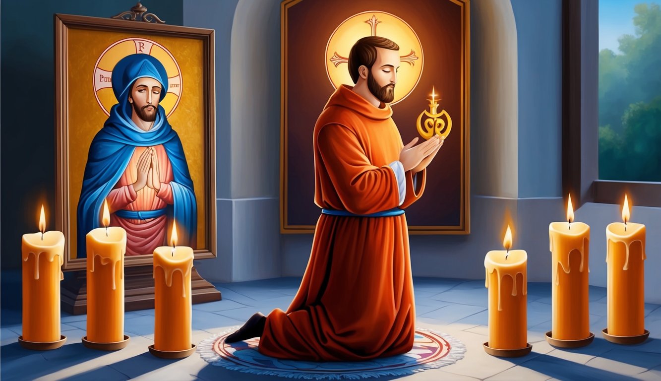 A figure kneeling in prayer before an image of Saint Peregrine, surrounded by lit candles and offering a symbol of hope