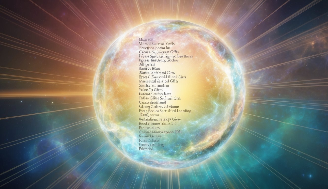 A glowing, ethereal list of spiritual gifts floating in a radiant, celestial space