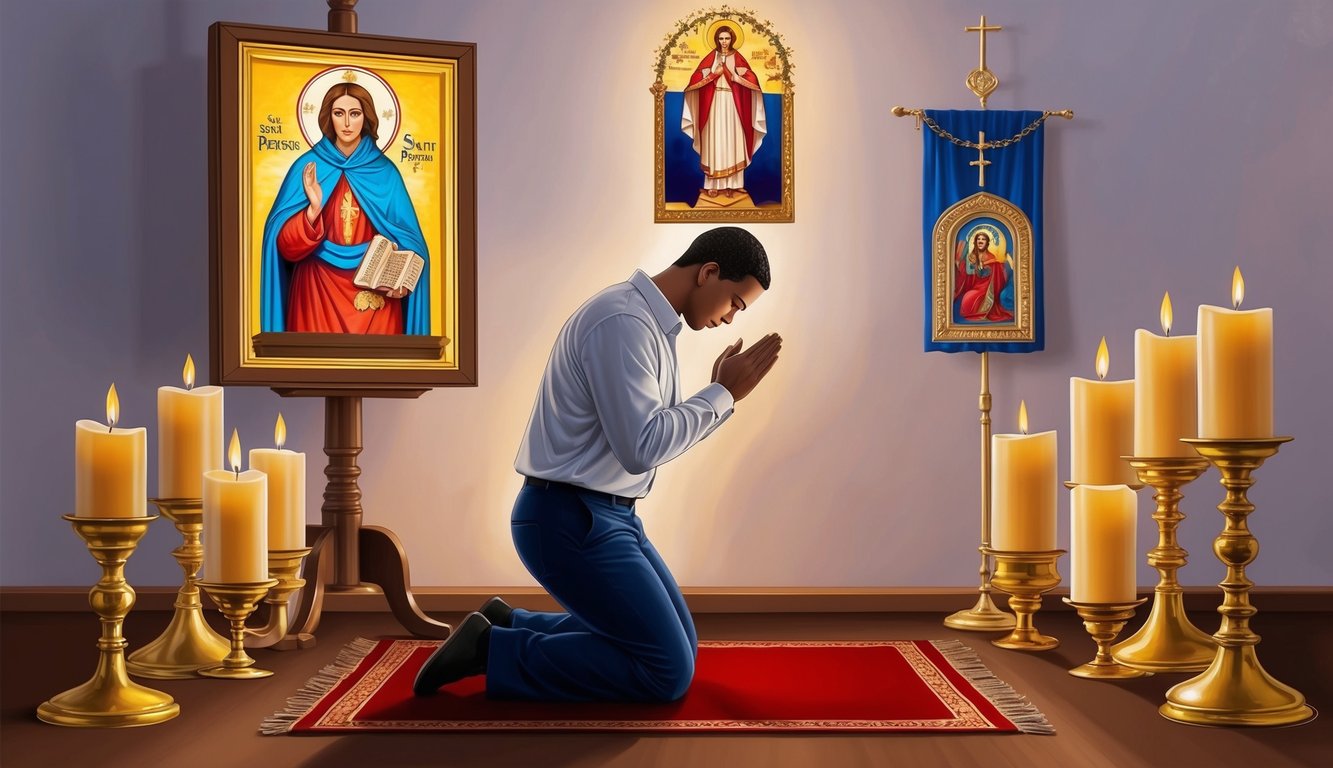 A person kneeling in prayer before an image of Saint Peregrine, surrounded by candles and religious symbols