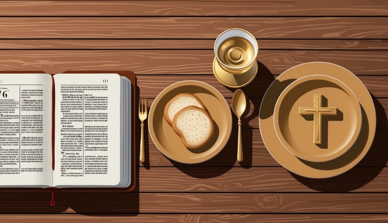 A simple wooden table set with a chalice, bread, and a Bible open to a passage about communion