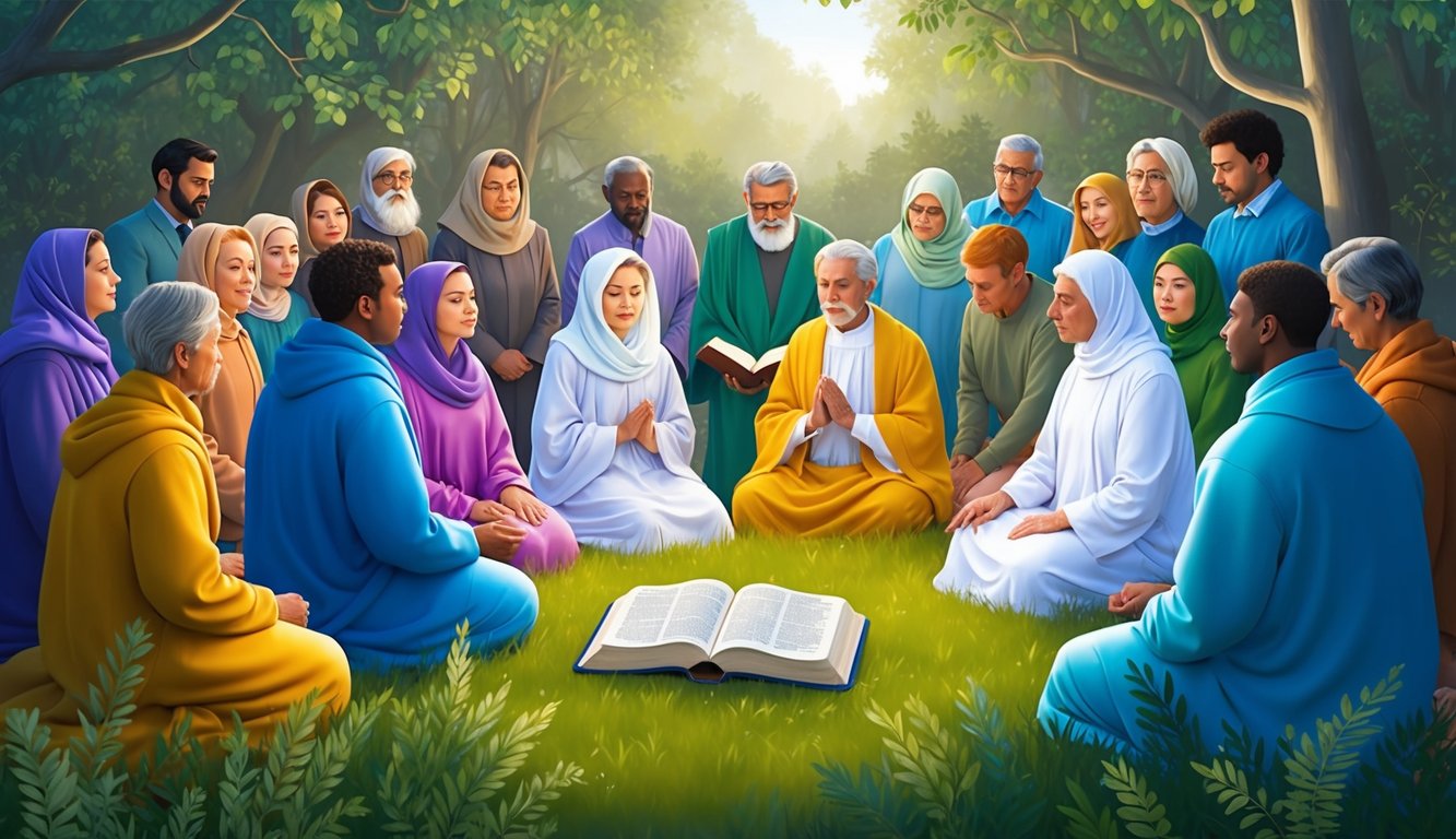 A group of people gathered in a serene setting, surrounded by nature, with an open Bible and a sense of reverence and contemplation