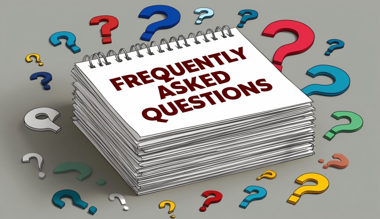 A stack of papers with "Frequently Asked Questions" printed on top, surrounded by a variety of question marks and symbols