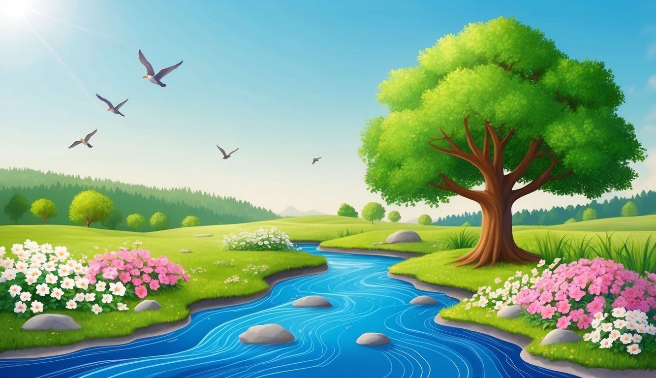 A serene landscape with a sturdy tree, blooming flowers, and a flowing stream, under a clear sky with birds flying